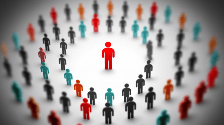 a large group of contrasting colored figures of a person forming a circle and a red person figure stands at the center