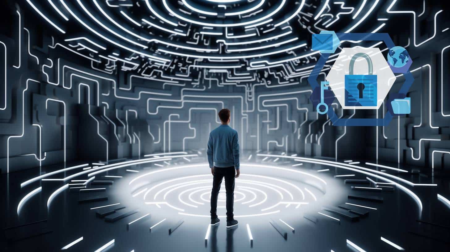 cybersecurity marketing on a digital background with a person looking through a circular light