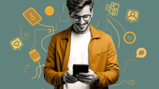 the man is holding a smartphone using social media for cybersecurity content marketing