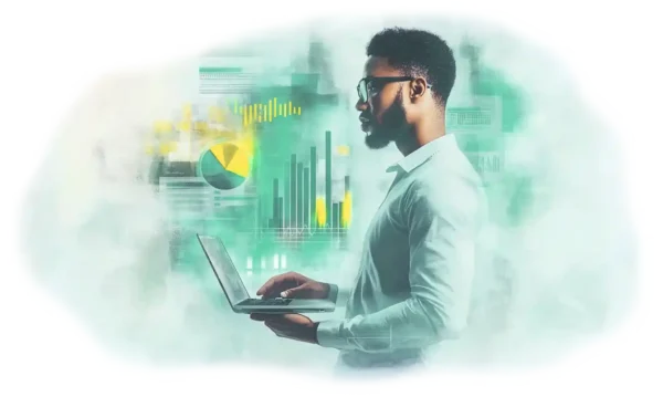 Marketing professional using AI analytics dashboard on laptop to support AI marketing transformation and data-driven strategy